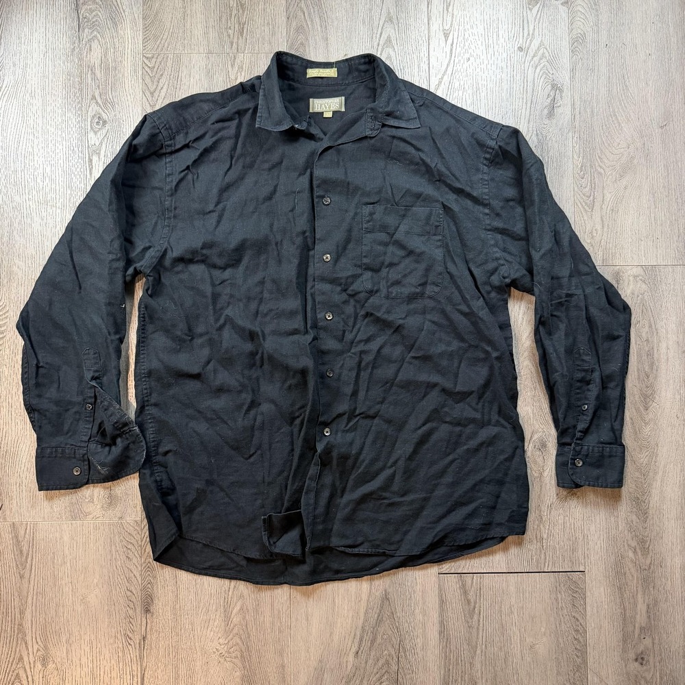Coastal Linen Shirt Mens Large Christopher Hayes Black Long Sleeve Button Up